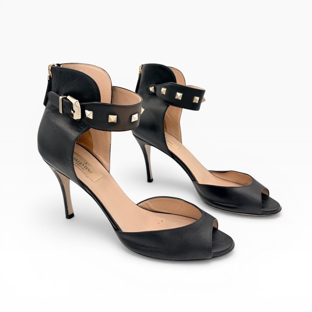 Valentino Garavani Rockstud Peep Toe Heel 39 Black Leather Ankle Sandal US 8.5 9